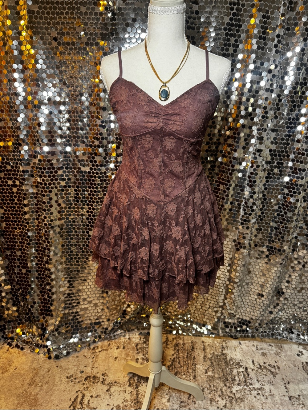 Windsor Brown Lace Tiered Mini Dress